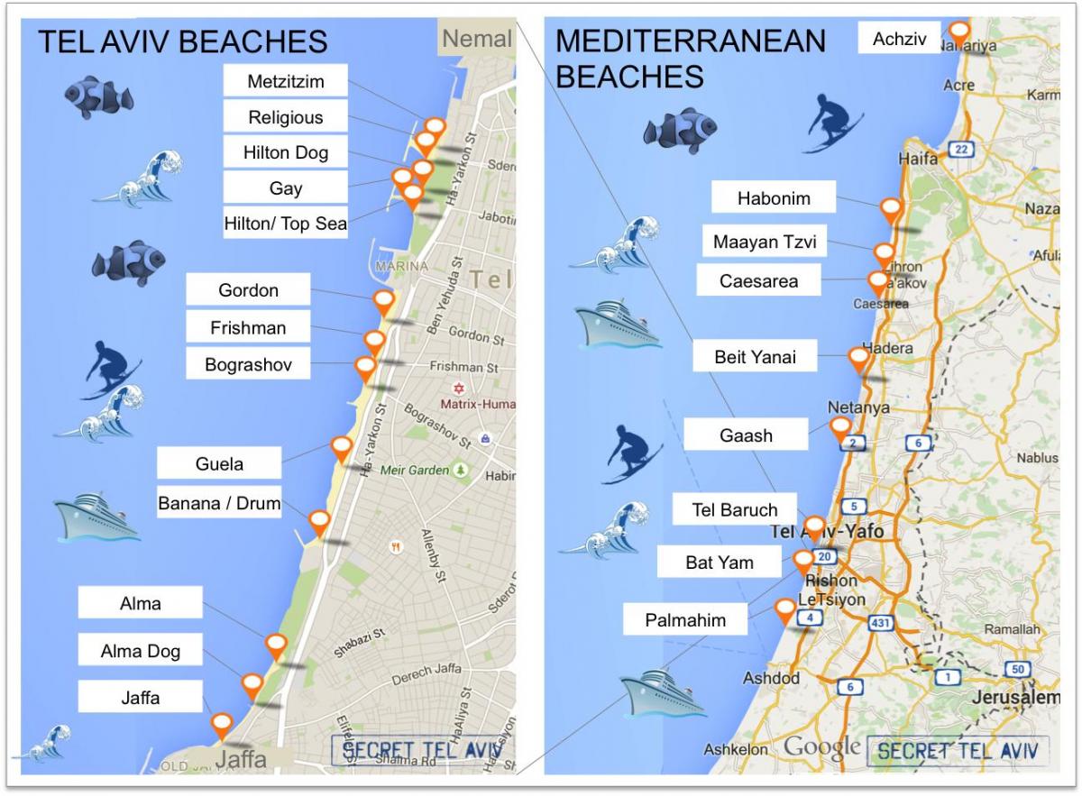 แผนที่ของ israel. kgm ชายหาด